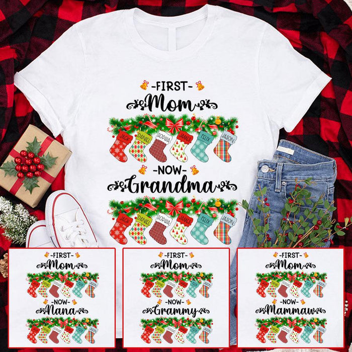 Personalized T-Shirt For Grandma First Mom Now Grandma Colorful Socks Printed Custom Kids & Grandkids Name