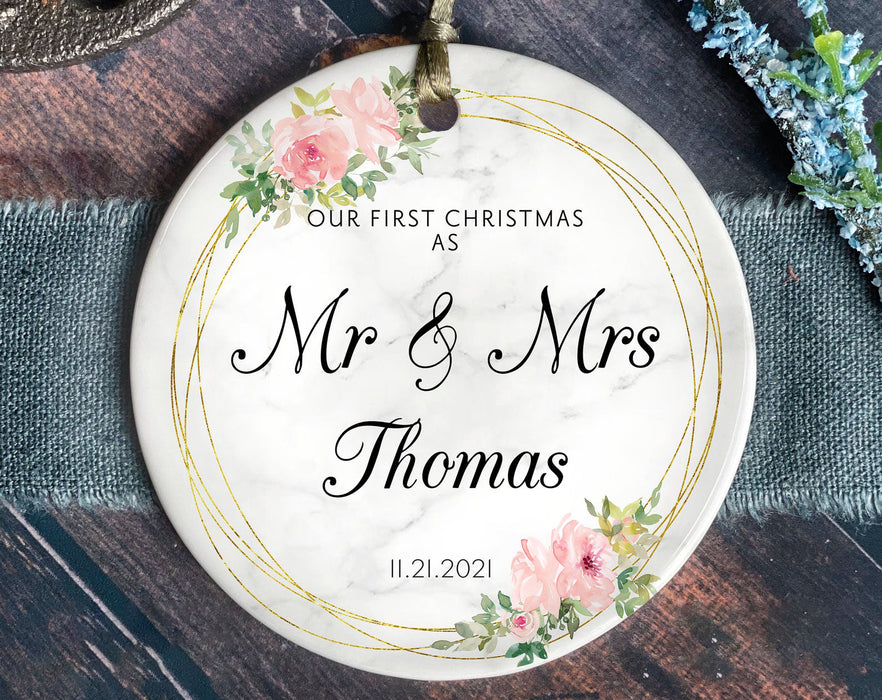Personalized First Christmas Married Ornament Custom New As Mr & Mrs Keepsake Floral Pink And Gold Wreath Ornament Decor