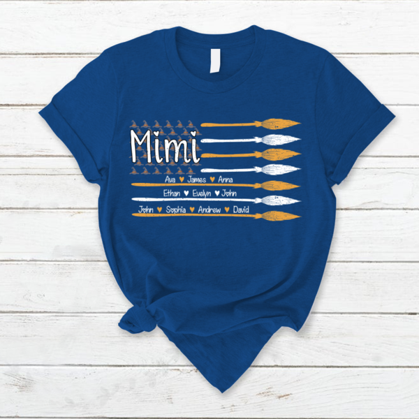 Personalized T-Shirt For Grandma Mimi Witch Hat And Broom Printed Custom Grandkid's Name Shirt For Halloween