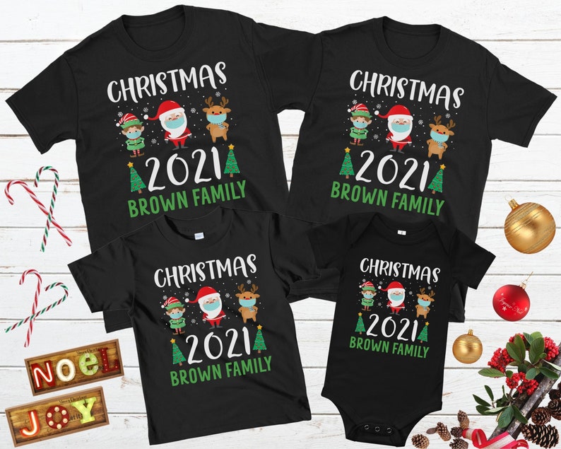 Personalized Matching Family Christmas Shirt Santa Claus Elf Reindeer Wearing Mask Printed Custom Name & Year