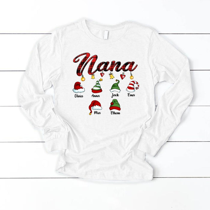 Personalized Christmas Sweatshirt & Hoodie For Grandma Nana Print Cute Santa & Elf Hat Custom Grandkids Name