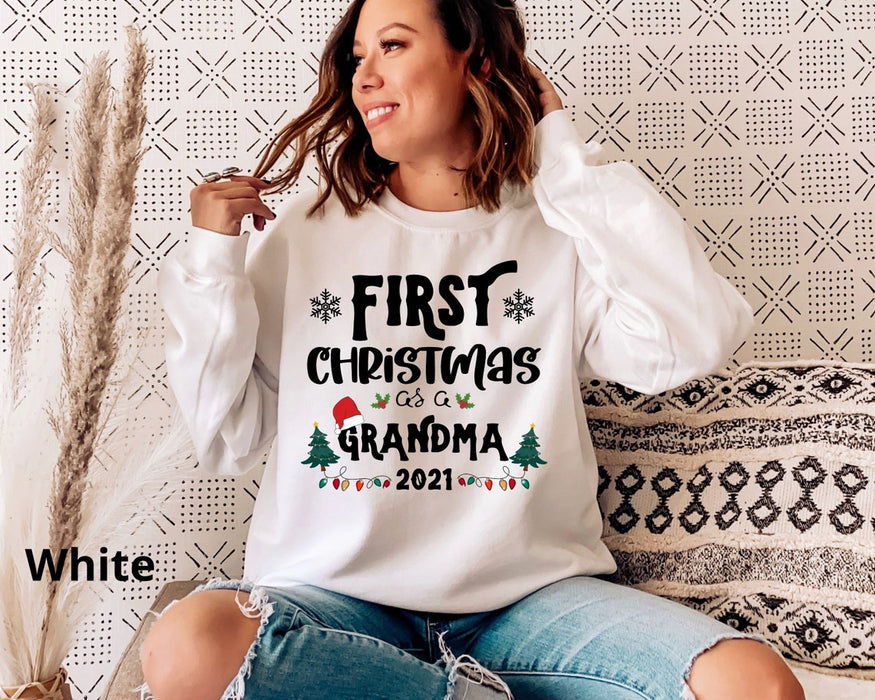 Personalized Sweatshirt First Christmas As A Grandma Grandpa Grandparents Design Snowflakes & Xmas Lights
