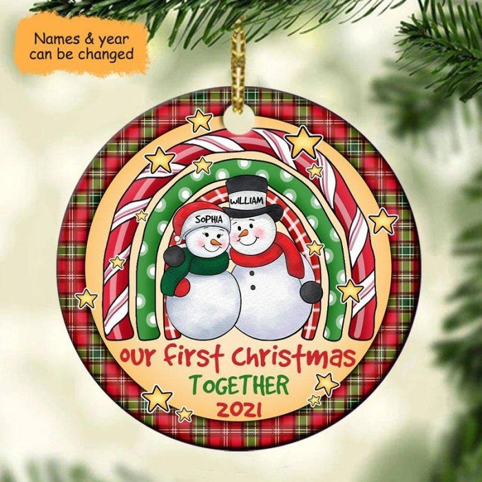 Personalized Circle Ornament For Wife Husband Print Snowman Couple Rainbow Our First Christmas Together Custom Names