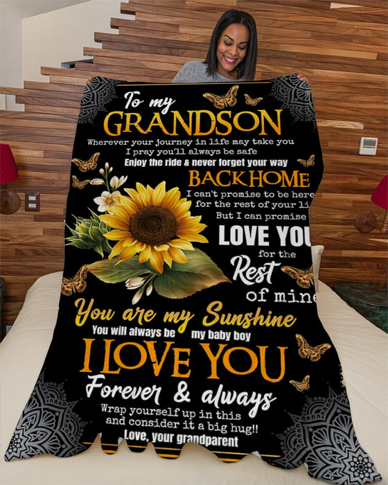 Personalized To My Grandson Blanket From Grandpa Grandma Sunflower Always Be My Baby Boy Custom Name Gifts For Birthday