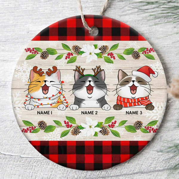 Personalized Ornament For Cat Lovers Light Brown Wooden Pointsettia Plaid Custom Name Tree Hanging Gifts For Christmas
