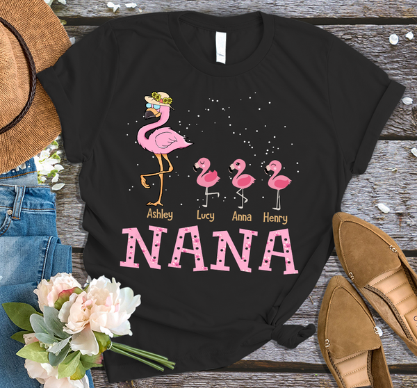 Personalized T-Shirt For Grandma Nana Pink Flamingo And Baby Printed Custom Grandkid's Name Floral Shirt