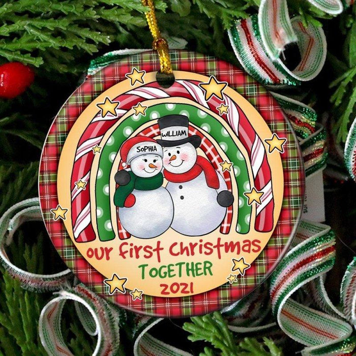 Personalized Circle Ornament For Wife Husband Print Snowman Couple Rainbow Our First Christmas Together Custom Names