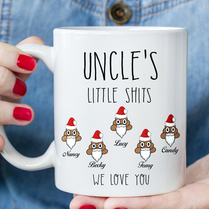Personalized 11Oz 15Oz Coffee Mug Uncle's Little Shits Funny Shit With Santa Hat & Beard Printed Custom Kids Name