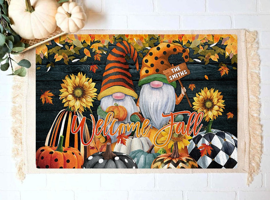 Personalized Doormat For Fall Lovers Welcome Fall Cute Gnome With Pumpkin And Sunflower Printed Custom Family Name