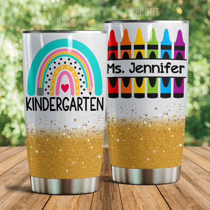 Personalized Tumbler For Teacher Crayon Rainbow Heart Kindergarten 20oz Travel Cup Custom Name Gifts For Back To School