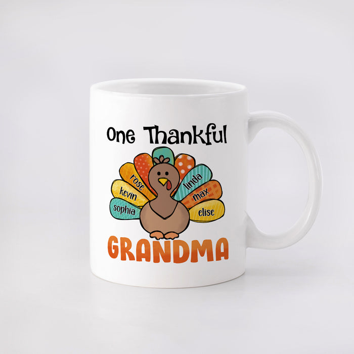 Personalized Ceramic Coffee Mug One Thankful Grandma Turkey Print Custom Grandkids Name 11 15oz Autumn Cup