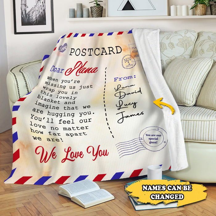 Personalized Postcard Letter Blanket For Grandma Mom Nana We Love You Love Airmail Blanket Custom Grandkids Name