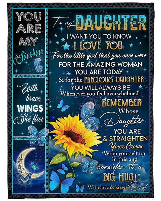 Personalized Blanket To My Daughter From Dad Butterfly Crescent Moon & Sunflower Print Galaxy Background Custom Name