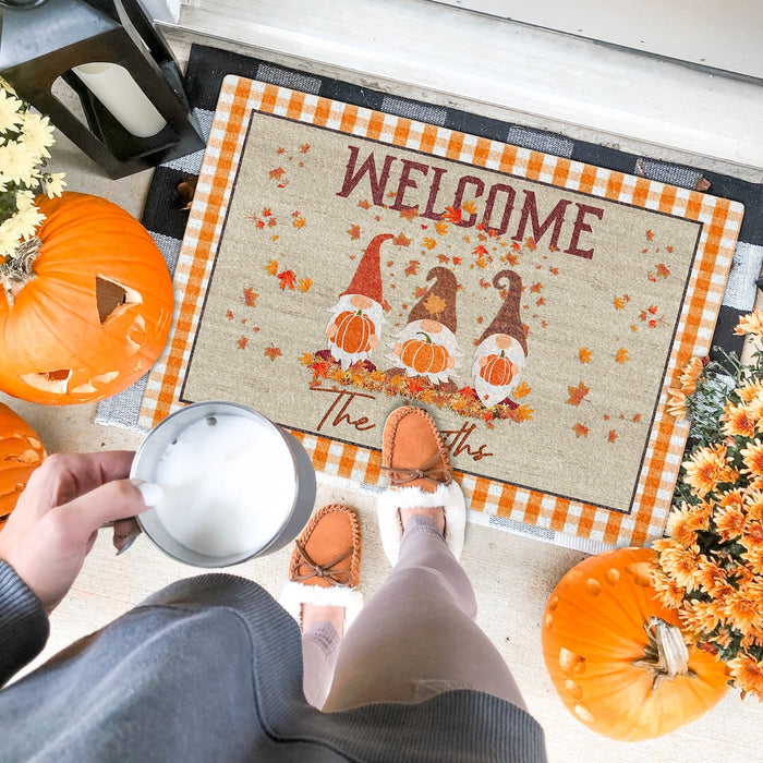 Personalized Welcome Doormat Cute Gnome With Pumpkin & Maple Leaves Printed Plaid Design Custom Family Name Fall Doormat