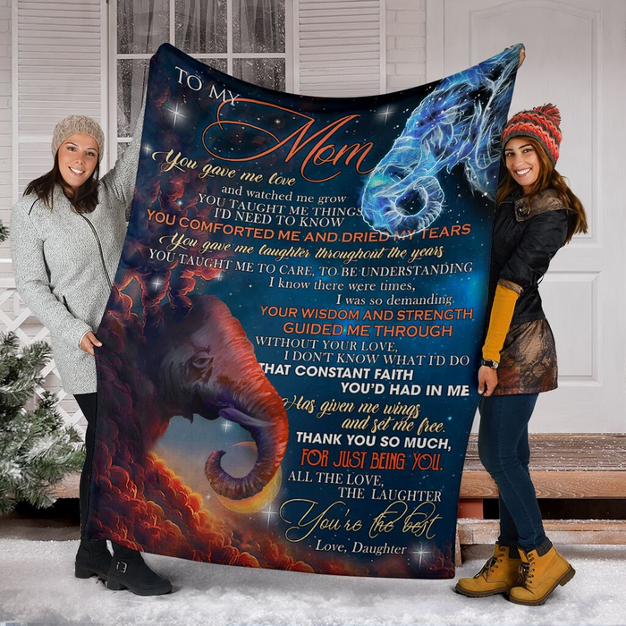 Personalized Blanket To My Mom From Daughter All The Love Old & Baby Elephant Print Galaxy Background Custom Name