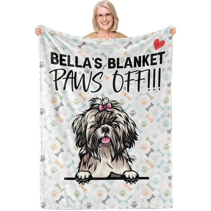 Personalized Dog Mom Dog Dad Blanket Paws Off Cute Dog Prints And Bone Printed Custom Name And Dog Image