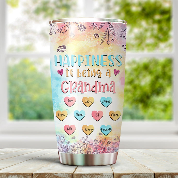 Personalized Tumbler Gifts For Grandma Happiness Is Being Heart Flower Custom Grandkids Name Travel Cup For Birthday