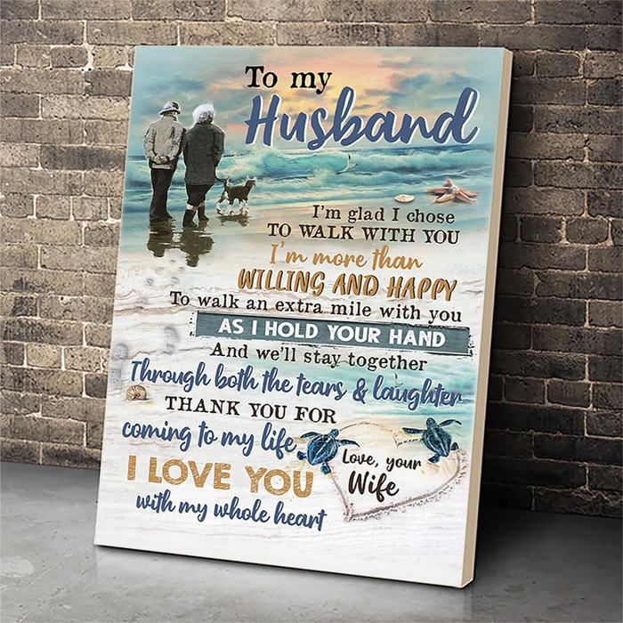 Personalized To My Husband Canvas Wall Art Gifts From Wife Old Couple Sea Turtle On The Beach Custom Name Poster Prints