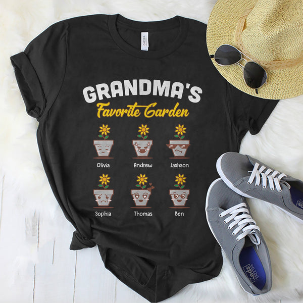 Personalized T-Shirt Grandma's Favorite Garden Cute Pot Of Flower With Funny Face Custom Grandkids Name