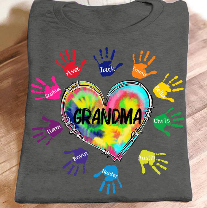 Personalized T-Shirt For Grandma Tie Dye Heart & Colorful Handprint Design Custom Grandkids Name Mother's Day Shirt