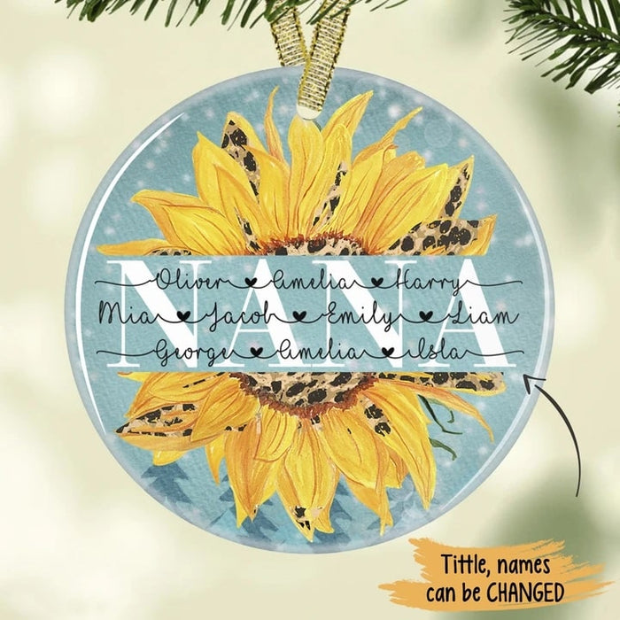 Personalized Leopard Sunflower Nana Circle Ornament For Grandma Nini Gigi Mimi Custom Grandkids Name Floral Ornaments