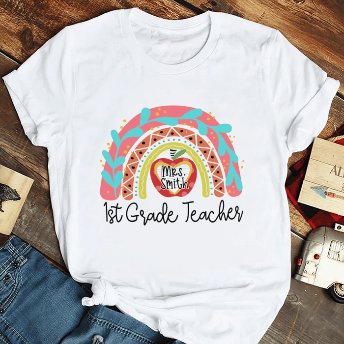 Personalized T-Shirt For Teacher Rainbow 1st Grade Teacher Custom Name Grade Shirt Gifts For Back To School