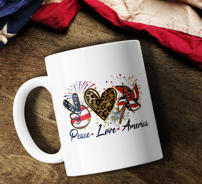Peace Love America Mug for Independence Day Leopard USA Flag Patriotic Coffee Cup