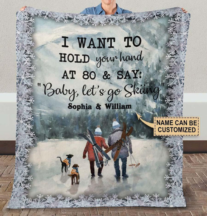 Personalized Growing Old Together For Couple Skiing Lovers Winter Skiing & Dogs Prints Custom Name Valentine Blanket