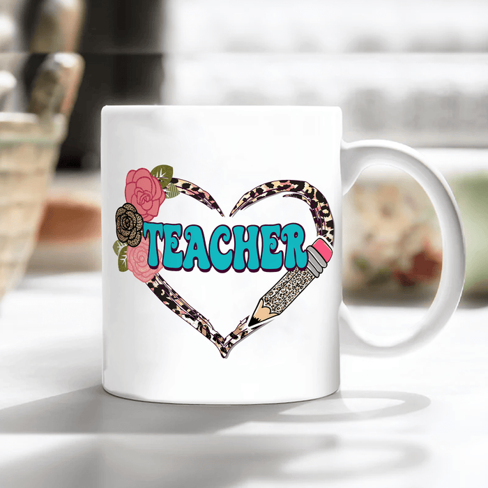 Personalized Coffee Mug For Teacher Leopard Heart With Flowers Pencil Ceramic White Cup Gifts For Back To School