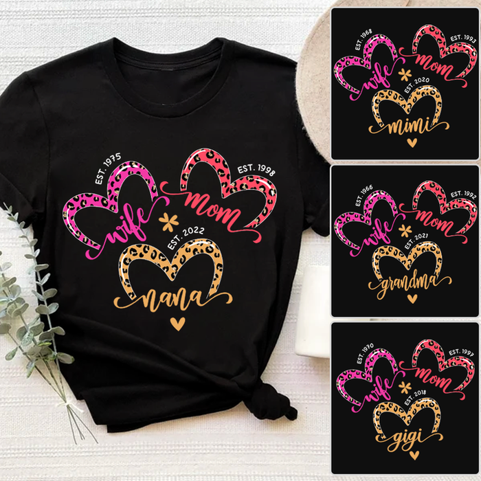 Personalized T-Shirt For Women Wife Mom Nana Est. Year Leopard Design Cute Heart & Flower Printed Custom Year