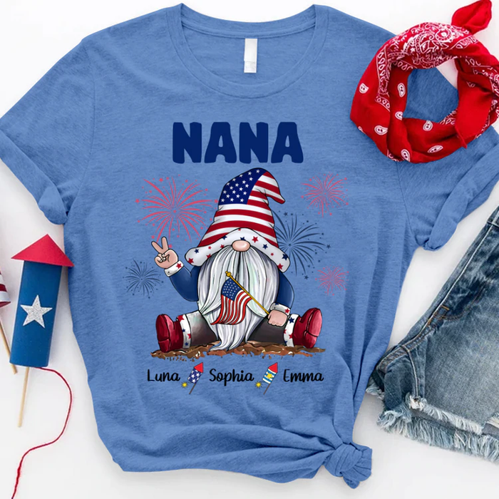 Personalized T-Shirt For Grandma Nana Gnome & Fireworks Print USA Flag Design Custom Grandkids Name 4th Of July Shirt