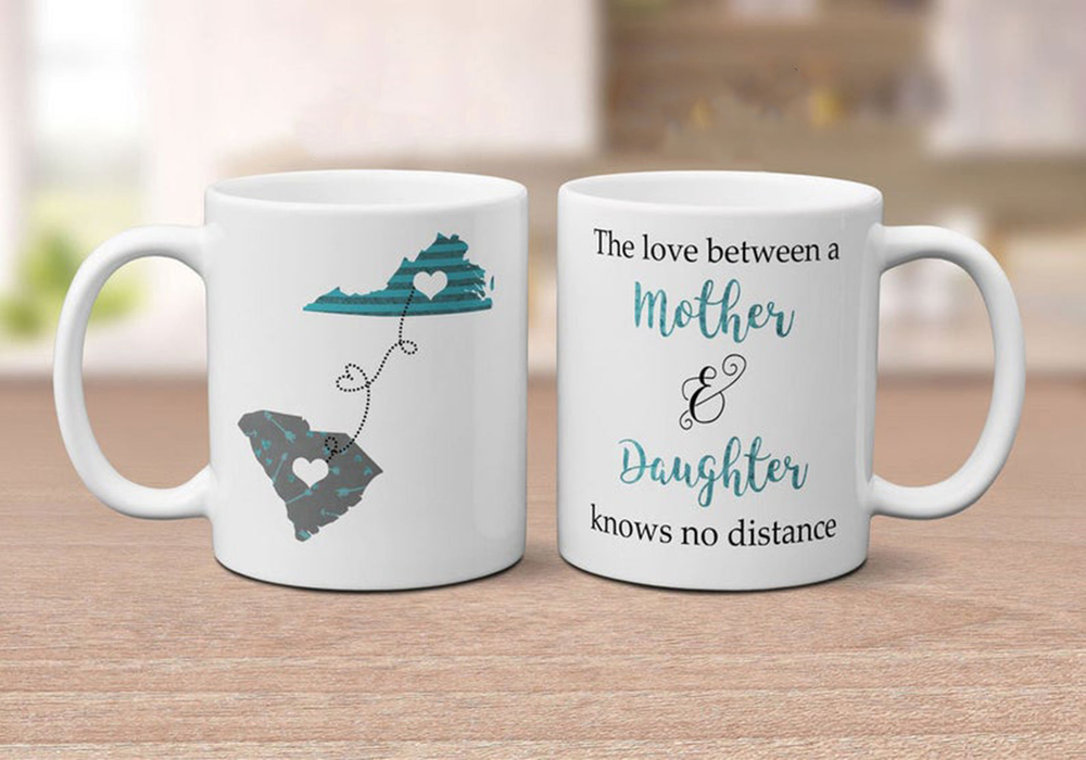 Personalized Coffee Mug For Mother Mom Heart The Love Knows No Distance Custom Name White Cup Long Distance State Gifts