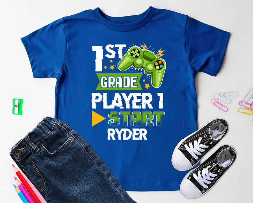 Personalized T-Shirt For Kids First Grade Player 1 Start Gaming Lovers Custom Name & Grade Shirt Back To School Outfit