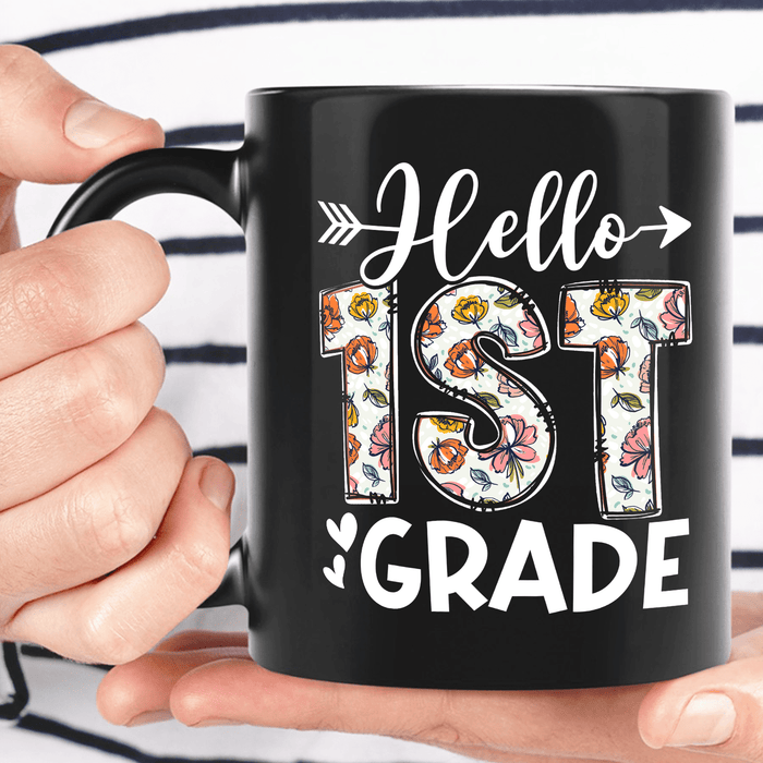 Personalized Coffee Mug Gifts For Kids  1st Grade Floral Words Custom Grade Ceramic Black Cup For Back To School