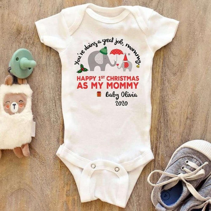Personalized Cute Elephant Mom And Baby Onesie Outfits For Boy Girl Newborn Happy 1st Christmas As My Mommy Bodysuit