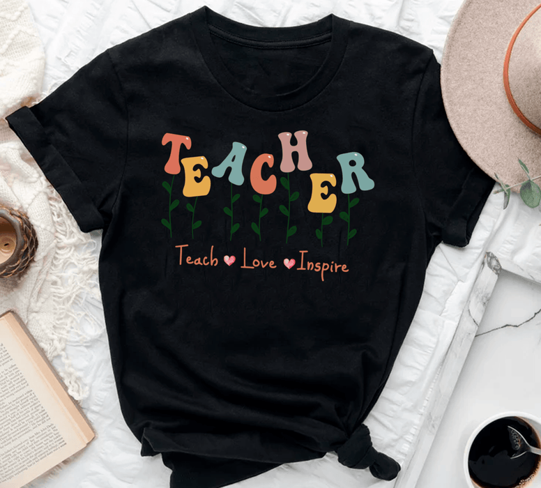 Personalized T-Shirt For Teachers Teach Love Inspire Colorful Design Custom Name Back To School Outfit