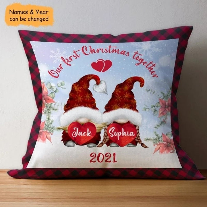 Personalized Pillow For Couple Our First Christmas Together Print Cute Gnome With Heart Plaid Design