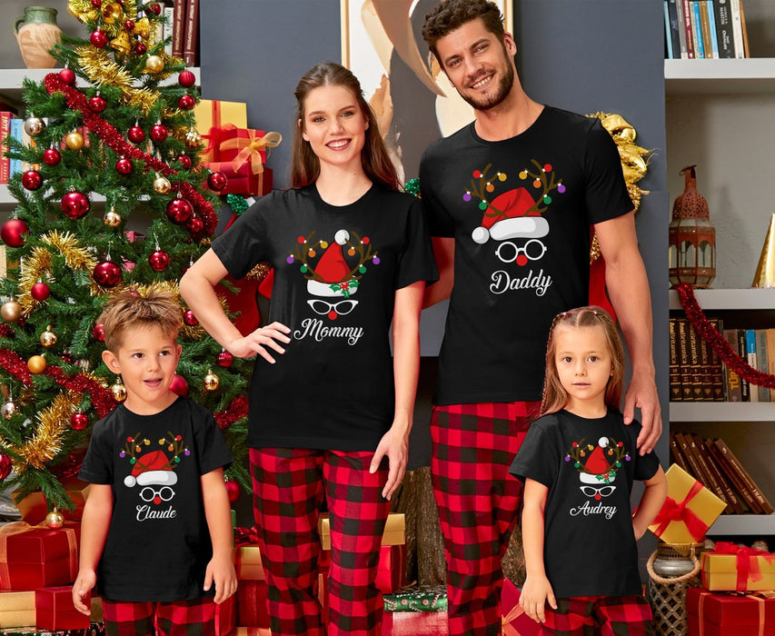 Personalized Christmas Matching Shirt For Family Cute Reindeer With Santa Hat Printed Custom Name