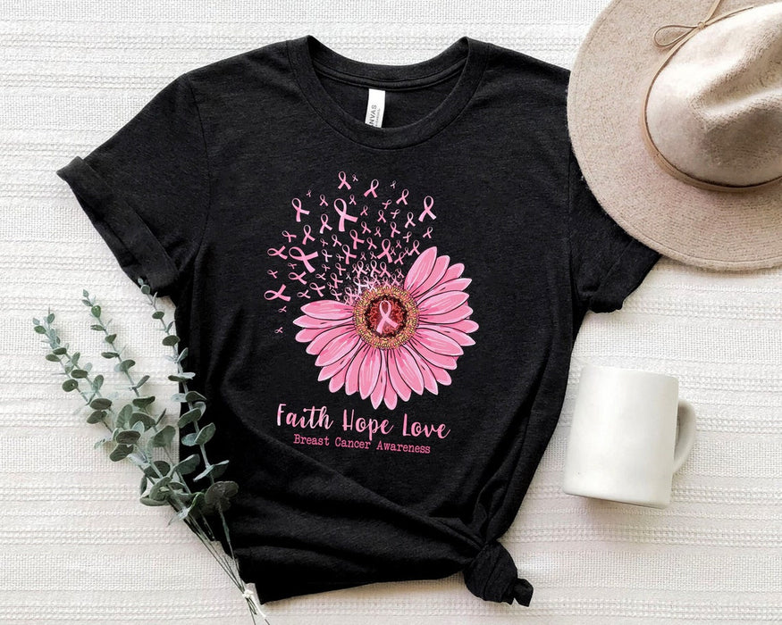 Classic Unisex T-Shirt For Breast Cancer Awareness Faith Hope Love Pink Flower With Ribbons Printed