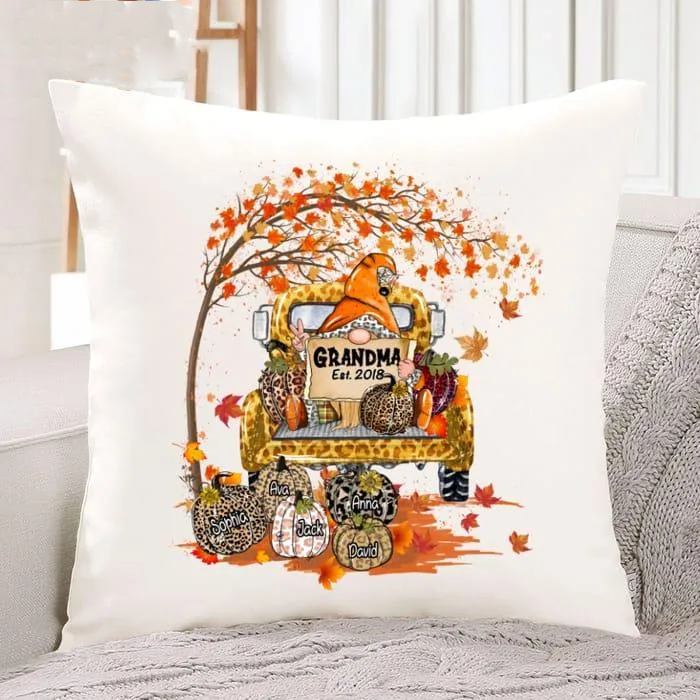 Personalized Square Pillow For Grandma Leopard Gnome Pumpkins Maple Custom Grandkids Name Sofa Cushion Christmas Gifts