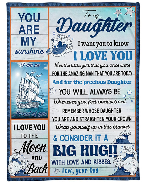 Personalized Blanket To My Daughter From Dad I Love You Sea Design Butterfly Ship Print Wooden Style Custom Name