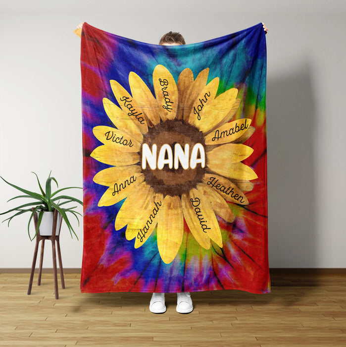 Personalized To My Grandma Blanket From Grandkids Tie Dye Sunflower Nana Custom Name Gifts For Christmas