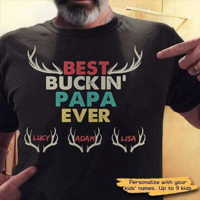 Personalized T-Shirt For Hunting Lovers Grandpa Best Buckin' Papa Ever Custom Grandkids Name Father'S Day Shirt