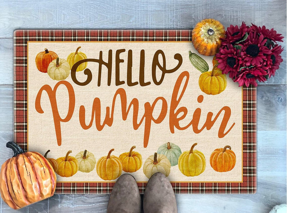 Welcome Doormat For Fall Lovers Hello Pumpkin Cute Pumpkins Printed Plaid Design Fall Doormat Thanksgiving Doormat