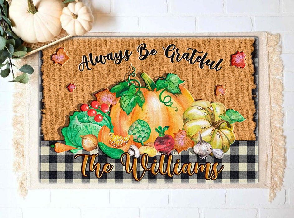 Personalized Welcome Doormat Always Be Grateful Cute Pumpkin And Maple Leaves Printed Plaid Design Custom Family Name