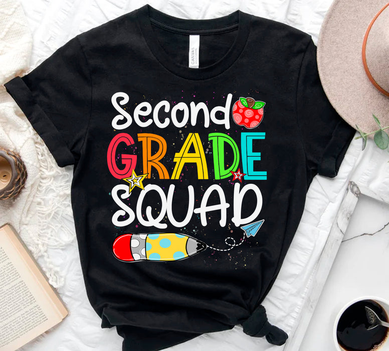 Personalized T-Shirt For Teachers Second Grade Squad Colorful Design Pencil Print Custom Name Back To School Outfit