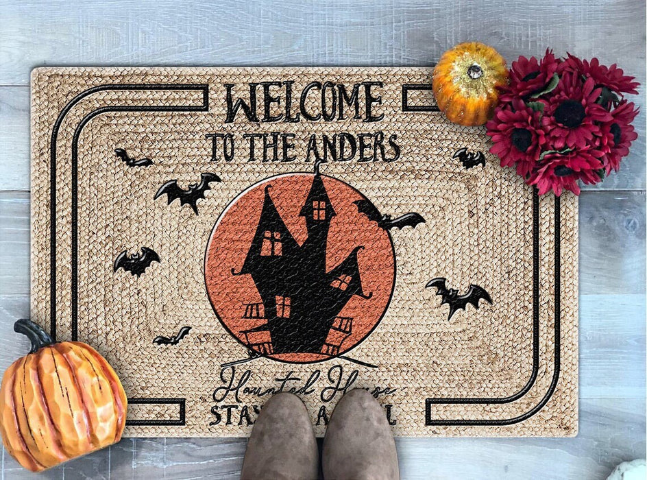 Personalized Halloween Doormat Welcome To Haunted House Stay For A Spell Doormat Castle & Bat Printed Custom Family Name