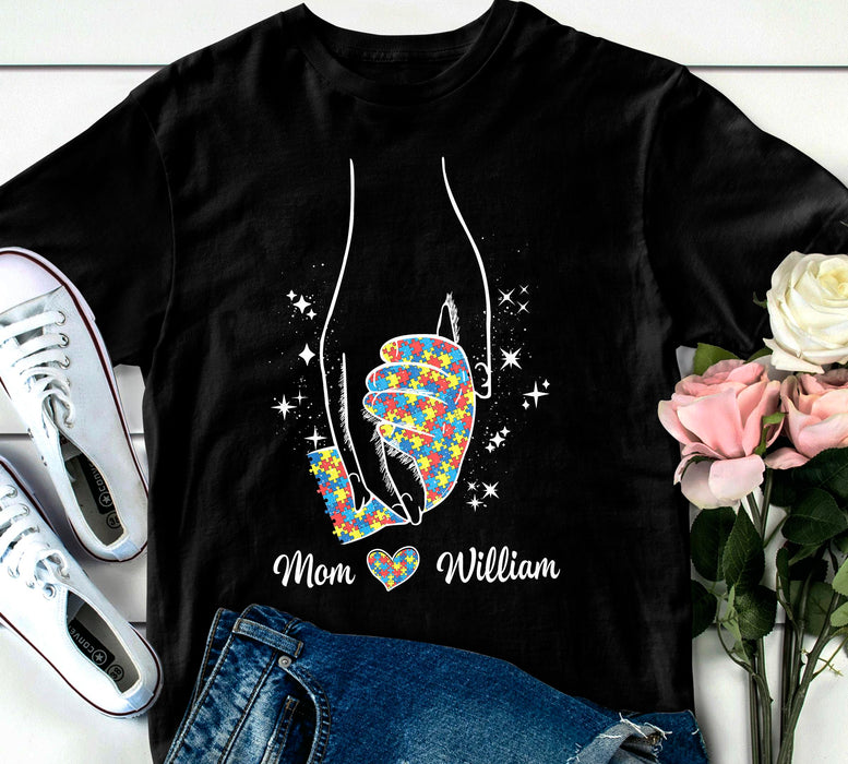 Personalized T-Shirt For Autism Mom Autism Hand In Hand Mom & Kid Puzzle Design Custom Name Autism Support Shirt