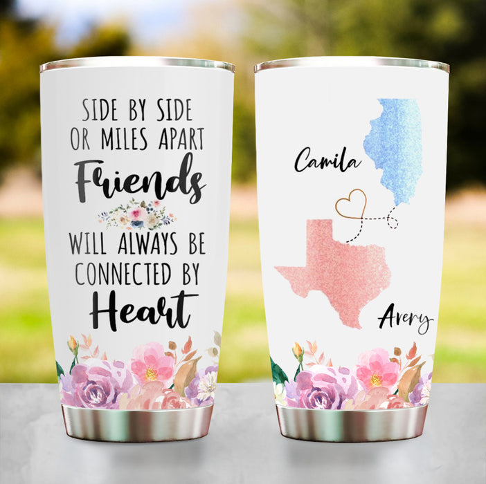 Personalized Tumbler For Friend Long Distance Gifts Flower Side By Side For Miles Apart Map Custom Name 20oz Travel Cup