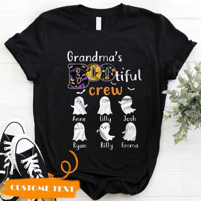 Personalized T-Shirt Grandma's Bootiful Crew Cute Ghost With Bat Printed Custom Grandkid's Name Shirt For Halloween